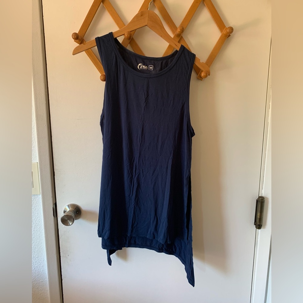 ZYIA size M Long Slit Tank, tunic length, in Navy